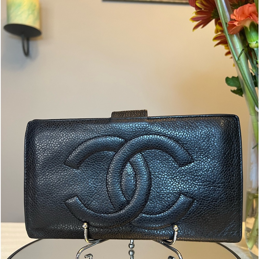 CHANEL Black Caviar Leather Timeless CC Logo Long Kisslock Wallet w/ COA